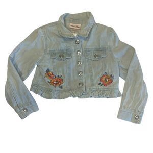 Girls Jean Jacket Size 4 Floral Embroidery Ruffle Hem Light Wash Spring Layers